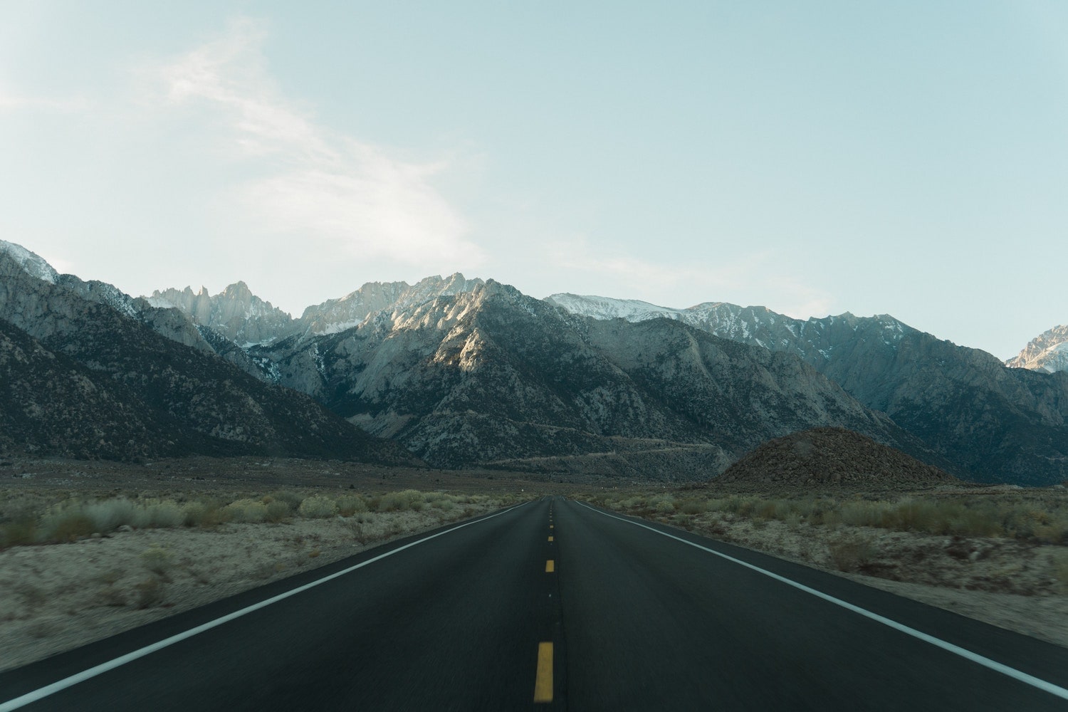 Gay California, Mt. Whitney. View of two lane road leading up to Mt. Whitney, which is in the background along with the rest of the mountain range.