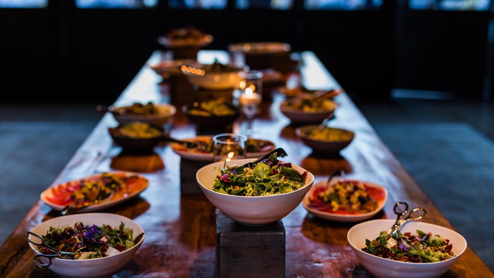 Salad on top of a long table