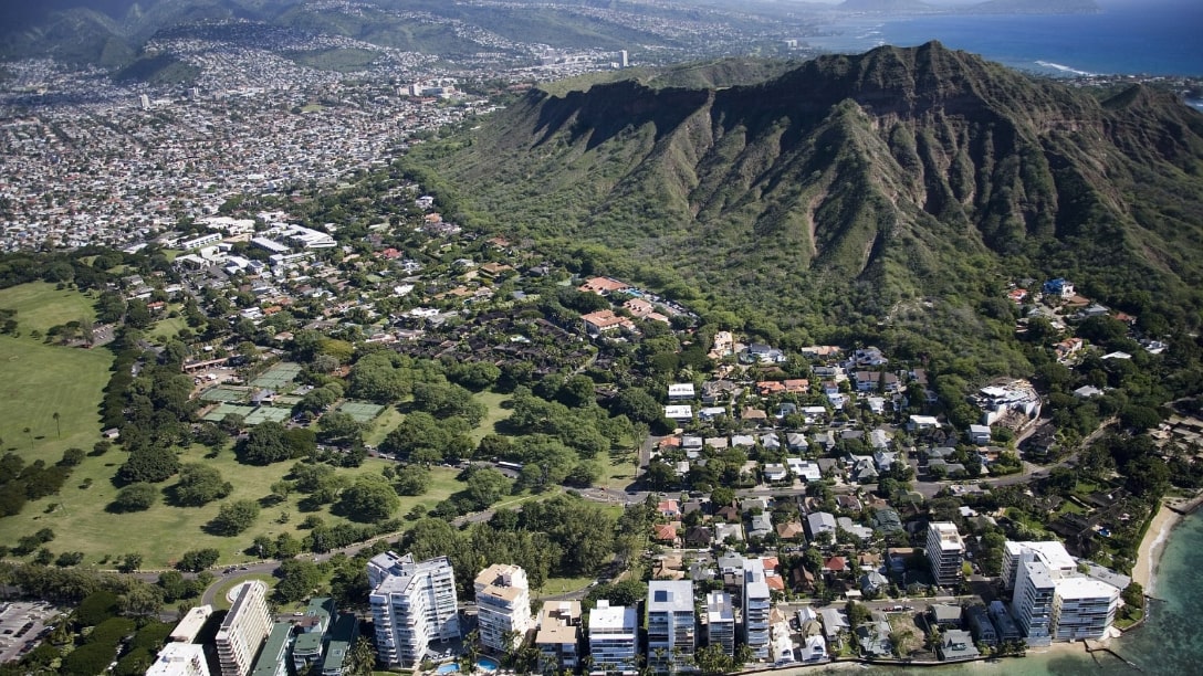 Amazing aerial view of Diamond Head and Honolulu's coastline